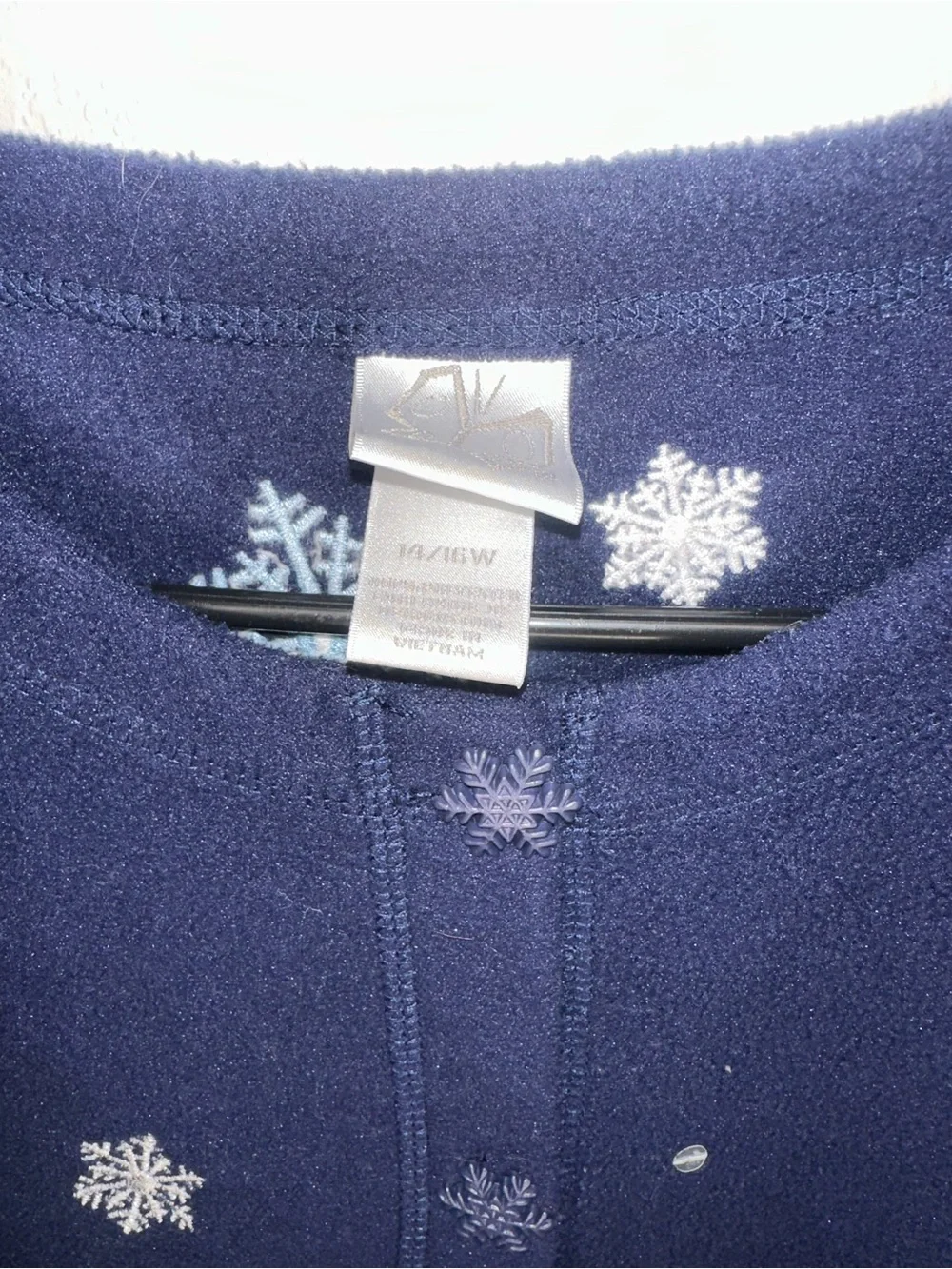 Navy Size 14/16W Winter cardigan with Penguin & Igloo Motif. Snowflake Buttons